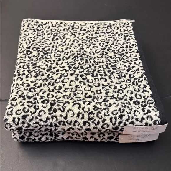 2pc RACHEL ZOE 100% Cotton Leopard Print Bath Towel Set - COCONUT MI - Blk/Wht - Picture 7 of 8